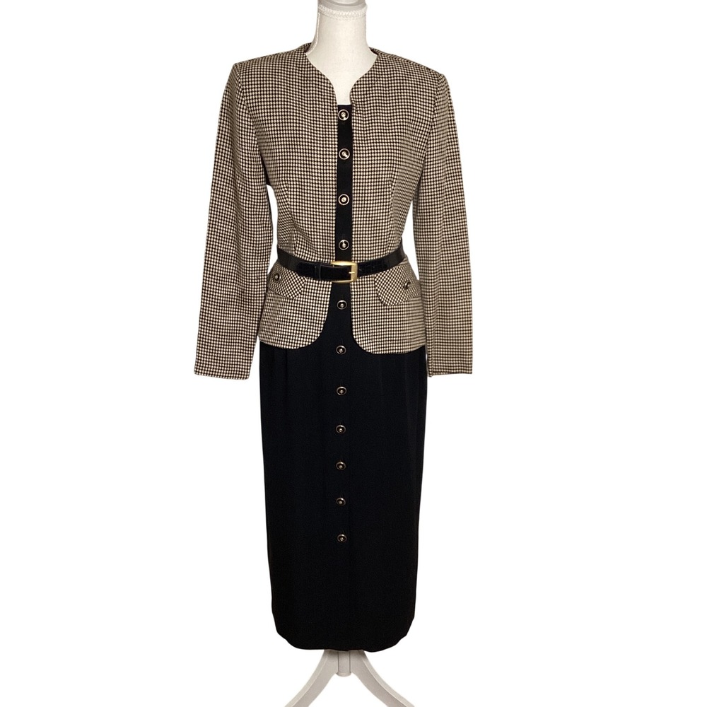 Casual Corner Houndstooth Sheath Dress Womens 8 Black Tan Belted Vintage Office
